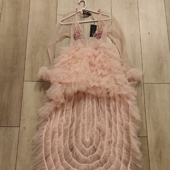 Fashion Nova Luxe Pink Tulle Ruffle Gown Beaded Maxi Dress NWT Size S - Picture 1 of 5